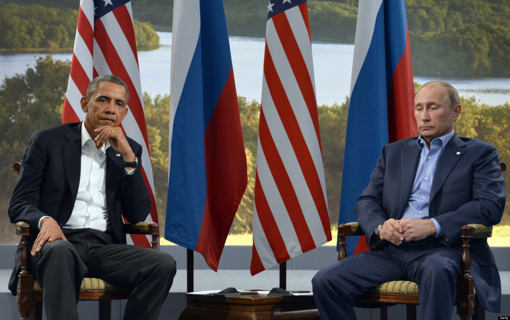 US President Barack Obama (L) holds a bilateral meeting with Russian President Vladimir Putin during the G8 summit at the Lough Erne resort near Enniskillen in Northern Ireland, on June 17, 2013. The conflict in Syria was set to dominate the G8 summit starting in Northern Ireland on Monday, with Western leaders upping pressure on Russia to back away from its support for President Bashar al-Assad. AFP PHOTO / JEWEL SAMAD (Photo credit should read JEWEL SAMAD/AFP/Getty Images)